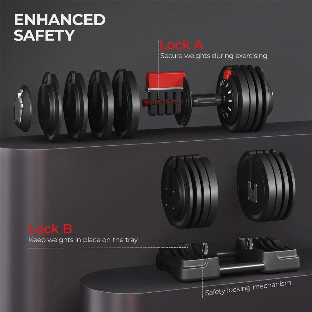 Adjustable Anti-Slip 3-In-1 Nylon Dumbbell Weight Set, 7-52.5Lbs, (Black & Red)