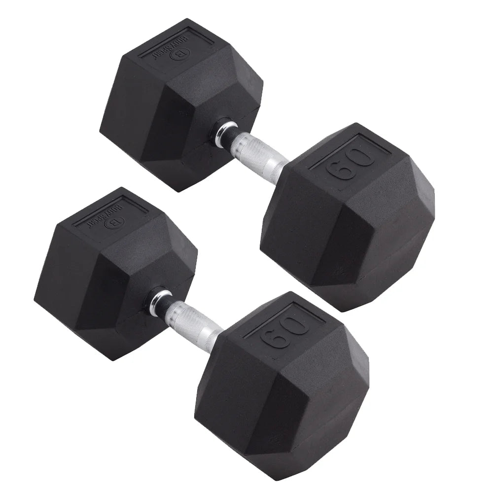 Rubber Encased Hex Dumbbell - Set of Two - Black/Metal - 60 Pounds