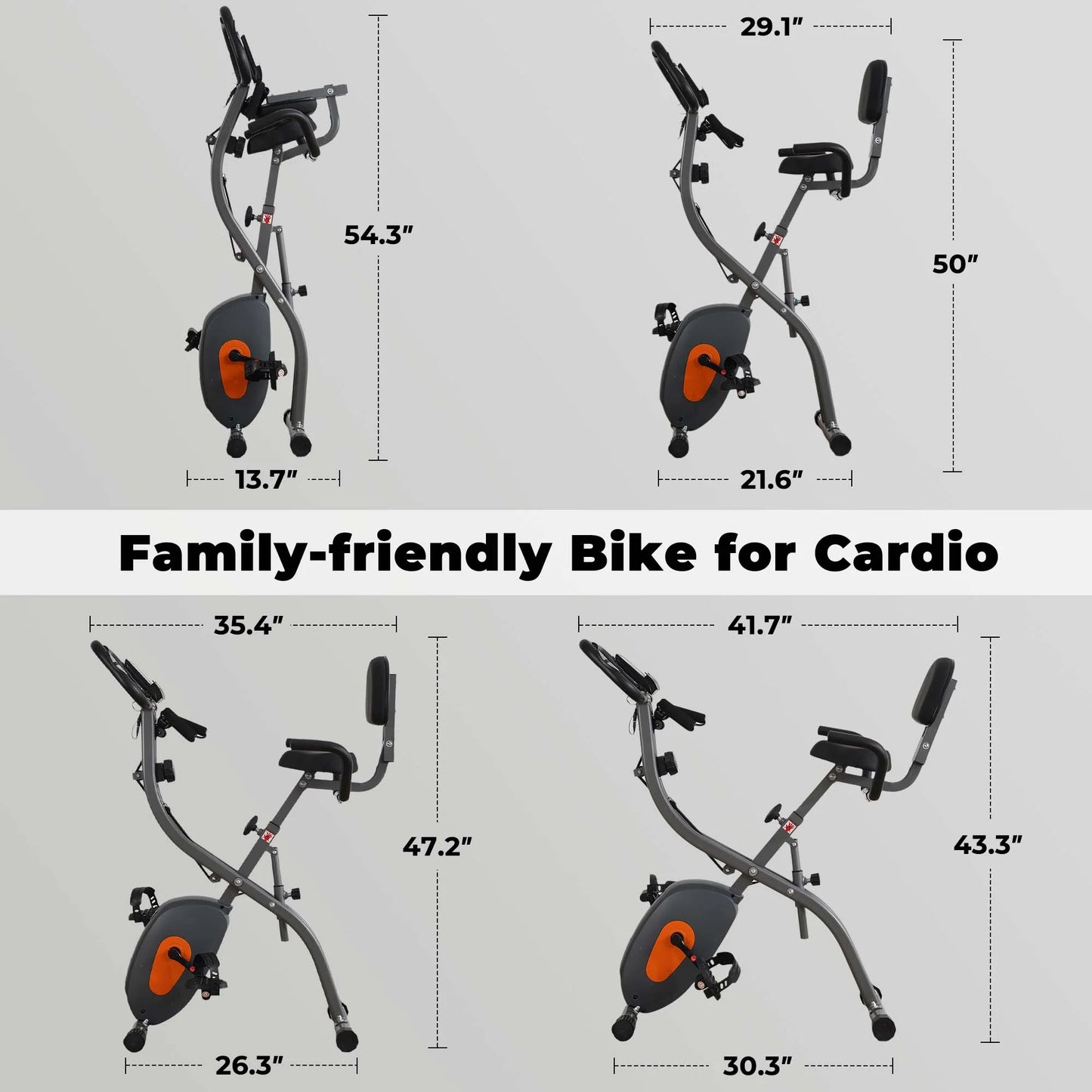 Folding Exercise Bike Stationary Recumbent 3-In-1 Exercise Bike Portable Magnetic with Adjustable Arm Resistance Bands and LCD Monitor and Pulse Grip for Home Use