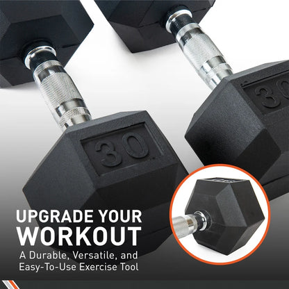 Rubber Encased Hex Dumbbell - Set of Two - Black/Metal - 55 Pounds