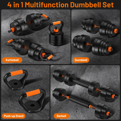 66 Lbs Adjustable Dumbbell Set, Free Weight Set with Connector, 4 In1 Weight Set as Barbell, Kettlebells, Push up Stand, Fitness Exercises for Home Gym Suitable Men/Women