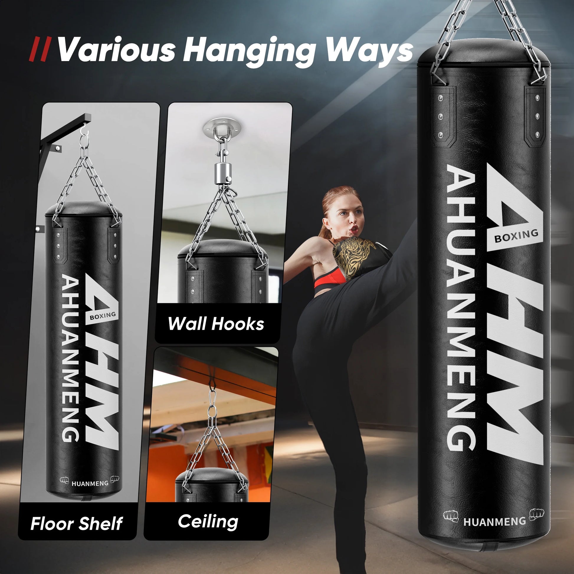 Heavy Punching Bag Kit Hanging Boxing Bag W/ Gloves Chain Ceiling Hook Grip Strengthener